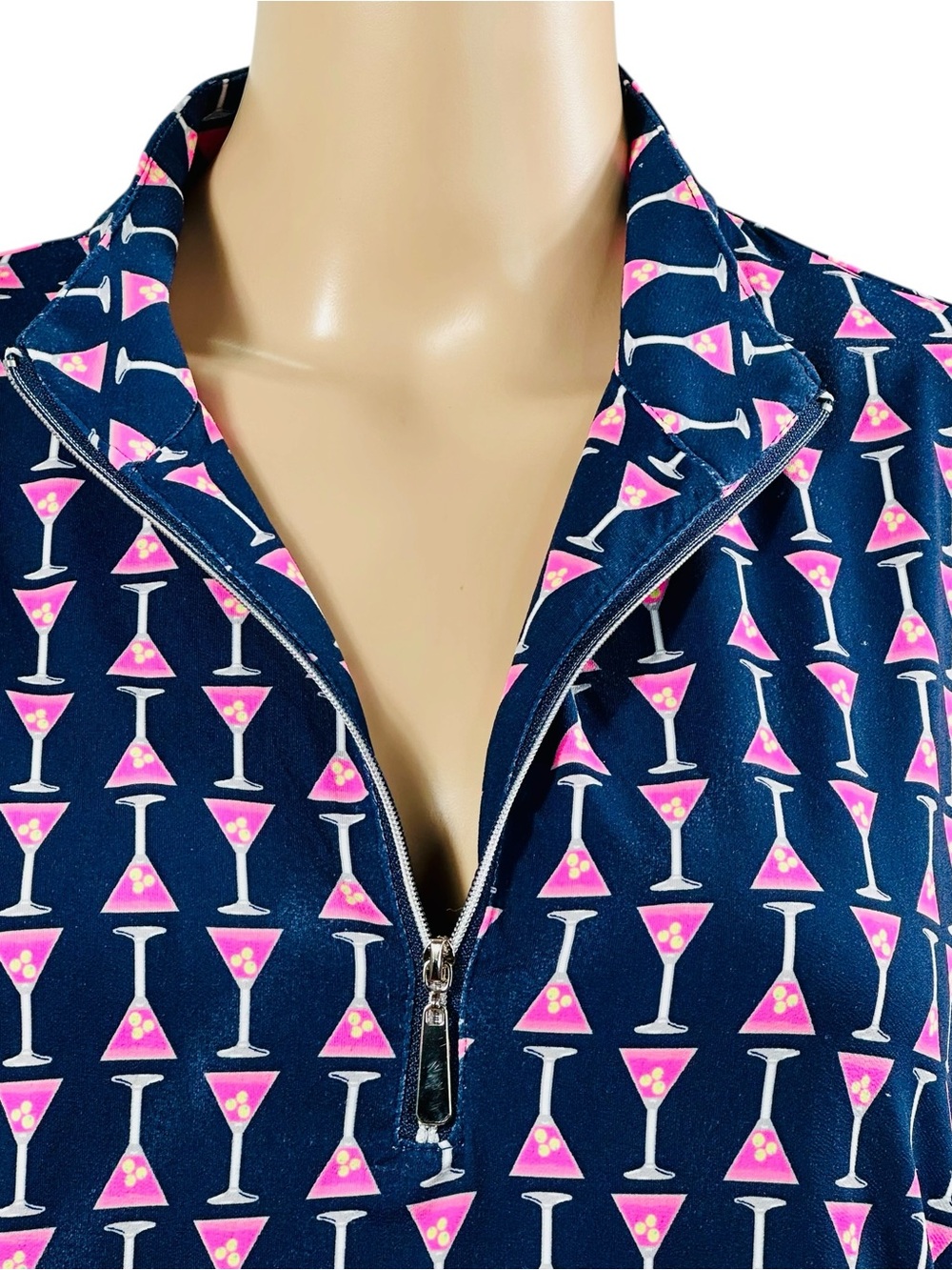 Navy Cocktail Print Zip-Up Top with Pink Martini Motif Sun protection Sz S